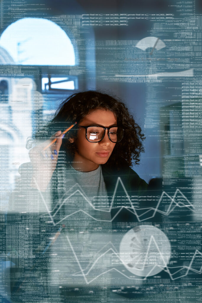 Young woman is thinking about the statistics