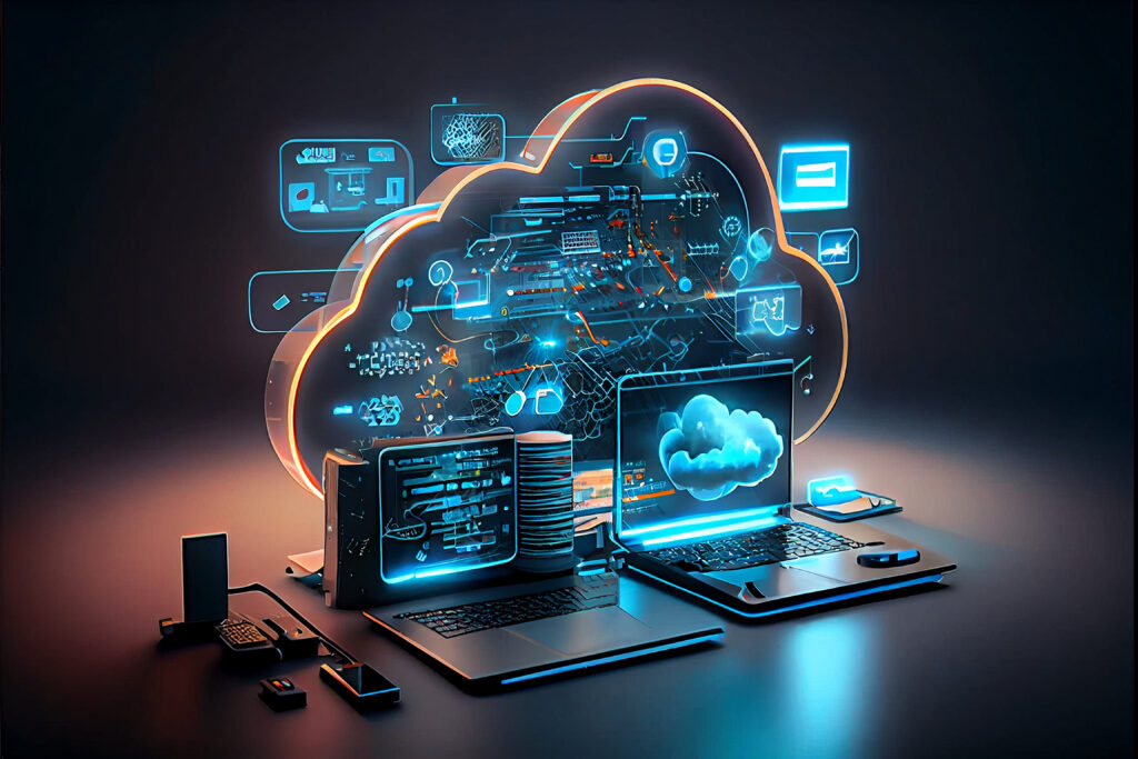 Cloud technology, computing. Devices connected to digital storage in the data center via the Internet, IOT, Smart Home Communication laptop, tablet, phone home devices with an online. Generative AI Cloud technology, computing. Devices connected to digital storage in the data center via the Internet, IOT, Smart Home Communication laptop, tablet, phone home devices with an online. Generative AI